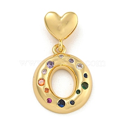 Brass Micro Pave Colorful Cubic Zirconia Pendants, Heart Letter Charms, Real 18K Gold Plated, Letter O, 30.5mm, Hole: 6x3mm, pendant: 21.5x17.5x4mm(KK-P281-01G-O)