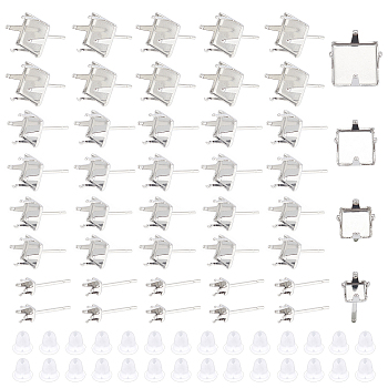 40Pcs 4 Size 304 Stainless Steel Stud Earring Settings, with 50Pcs Plastic Ear Nuts, Square, Stainless Steel Color, 4~10x4~10mm, Pin: 0.8mm, Fit for 4~10mm Rhinestone, 10Pcs/size