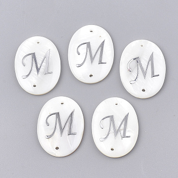 Freshwater Shell Links connectors, with Brass Findings, Oval with Letter, Letter.M, 25.5x19x3mm, Hole: 1.2mm