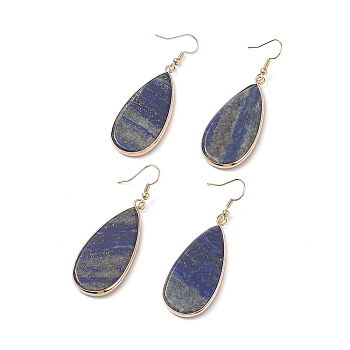 Natural Lapis Lazuli Teardrop Dangle Earrings, Golden Tone Brass Jewelry for Women, Cadmium Free & Lead Free, 60mm, Pin: 0.6mm