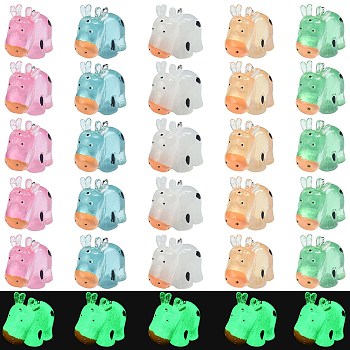 30Pcs 5 Colors Luminous Resin Pendants, with Platinum Tone Iron Loops, Cartoon Cow Charm, Glow in Dark, Mixed Color, 29.5x15.5x24.8mm, Hole: 2mm, 6pcs/color