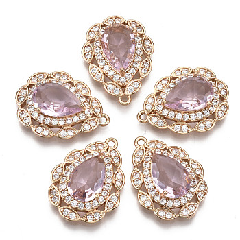 Brass Micro Pave Cubic Zirconia Pendants, with Faceted Glass, Long-Lasting Plated, Light Gold, Teardrop, Pink, 23x17x7mm, Hole: 1.4mm