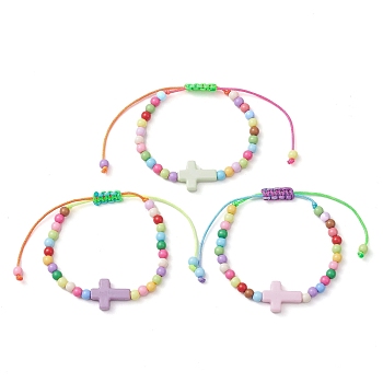 Cross & Round Acrylic Braided Bead Bracelets, Adjustable Nylon Cord Kid Bracelets for Girls, Colorful, Inner Diameter: 1-3/8~2-3/4 inch(3.5~7cm)