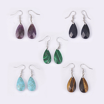 Natural & Synthetic Mixed Stone Dangle Earrings, with Brass Findings, teardrop, Faceted, Platinum, 45~49mm, Pin: 0.7mm, Pendant: 24~26x13x6~7mm
