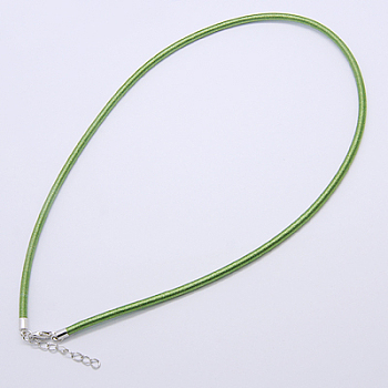 Silk Necklace Cord, with Brass Lobster Claw Clasp and Extended Chain, Platinum, Green, 17~18.5 inch
