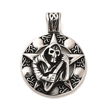 Tibetan Style 304 Stainless Steel Pendants, Flat Round with Skull, Antique Silver, 48.5x36x11mm, Hole: 8x5.5mm