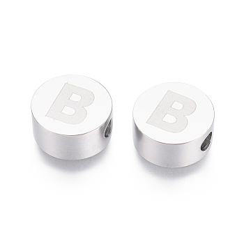 Tarnish Resistant 304 Stainless Steel Beads, Flat Round with Letter, Letter.B, 10x4.5mm, Hole: 2mm