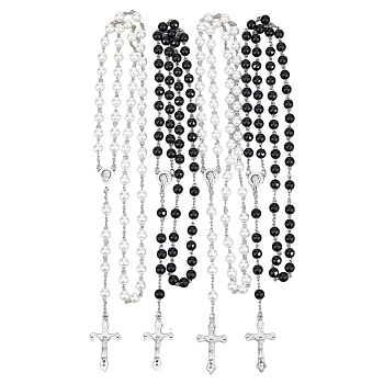 4Pcs 2 Colors ABS Plastic Imitation Pearl Rosary Bead Necklaces Set, Alloy Crucifix Cross Pendant Necklaces, Black & White, 27.95~29.29 inch(71~74.4cm), 2Pcs/color