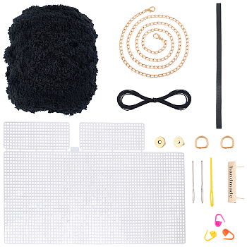 DIY Knitting Crochet Bags Kit, Including Yarn, Mesh Plastic Canvas Sheets, Bag Handles, Bag Strap Chains, Knitting Needles, Thread, Snap Button, Clothing Labels, D Ring, Stitch Markers, for DIY Craft Shoulder Bags Accessories, Black, 150x130mm