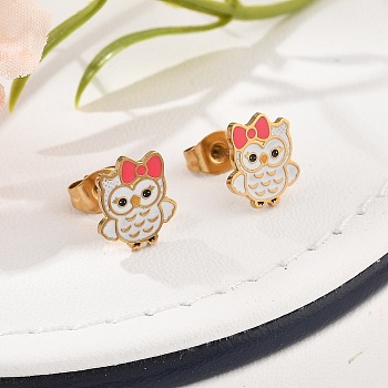 Brass Enamel Stud Earrings, Owl, Golden, White, 10x9mm