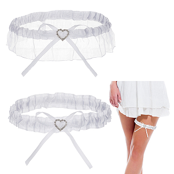 Polyester Lace Bridal Garters, with Crystal Rhinestone Heart, Women's Wedding Clothes Accessories, White, 334~380x25~50mm, 2pcs/set