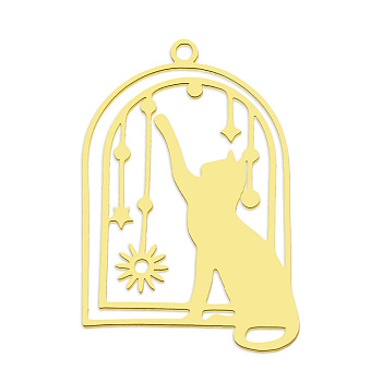 201 Stainless Steel Pendants, Laser Cut, Birdcage with Cat, Golden, 32x21.5x1mm, Hole: 1.6mm