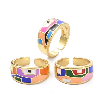 Enamel Geometric Pattern Wide Band Ring for Teen Girl Women, Real 18K Gold Plated Brass Open Cuff Finger Ring, Mixed Color, US Size 6 3/4(17.1mm)