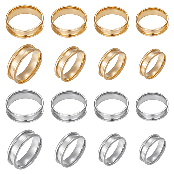 16Pcs 8 Style 201 Stainless Steel Grooved Finger Ring Settings, Ring Core Blank, for Inlay Ring Jewelry Making, Golden & Stainless Steel Color, Inner Diameter: 18~22mm, 2Pcs/style