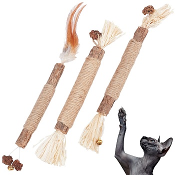 Gorgecraft 3 Pcs 3 Styles Wood Chew Sticks Cat Teeth Cleaning Chew Toy, with Fearther and Iron Bell, Mixed Color, 3 Styles, 1pc/style