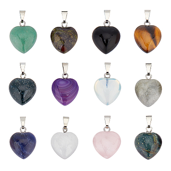 12Pcs 12 Style Natural & Synthetic Gemstone Pendants, with Platinum Brass Loops, Heart, 19x15.5x7.5mm, Hole: 6x2.5mm, 1pc/style
