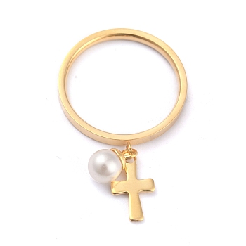 Dual-use Items, 304 Stainless Steel Finger Rings or Pendants, with Plastic Round Beads, Cross, White, Golden, US Size 7(17.3mm)