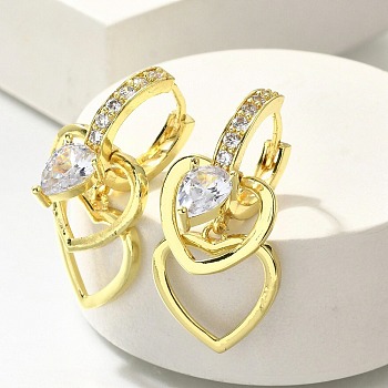 Brass Clear Cubic Zirconia Hoop Earrings, Heart, Real 18K Gold Plated, 31.5x16mm