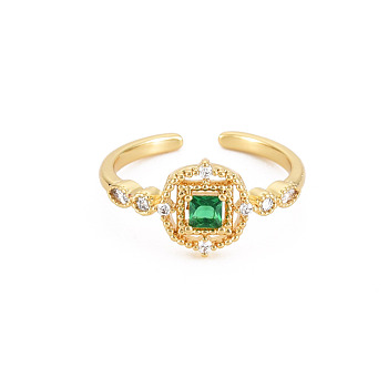 Flat Round with Square Glass Open Cuff Ring with Cubic Zirconia, Real 18K Gold Plated Brass Jewelry for Women, Cadmium Free & Lead Free, Dark Green, US Size 5 1/2(16.1mm)