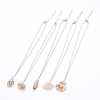 Sea Shell Pendants Necklaces, with Stainless Steel Cable Chains, Stainless Steel Color, 17.59 inch(44.7cm), 2mm