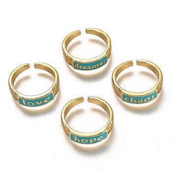 Brass Enamel Cuff Rings, Open Rings, Word, Real 18K Gold Plated, Long-Lasting Plated, Sky Blue, US Size 6, Inner Diameter: 17mm