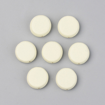 Painted Natural Wood Beads, Lead Free, Flat Round, Beige, 16~17x6mm, Hole: 1.2mm