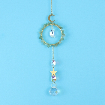 Glass & Brass Pendant Decorations, Suncatchers, Rainbow Makers, with Chips Green Aventurine, for Home Decoration, 400mm