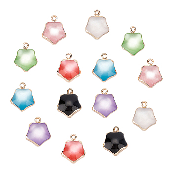 SUNNYCLUE Resin Pendants, with Golden Plated Iron Loops, Imitation Cat Eye Style, Star, Mixed Color, 19x15.5x8mm, Hole: 1.8mm, 7 colors, 2pcs/colors, 14pcs/box