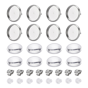 DIY 50Pairs Flat Round Earring Making Kits, Including Transparent Glass Cabochons, 304 Stainless Steel Stud Earrings Findings & Ear Nuts, Plastic Ear Nuts, Clear, Tray: 12mm, Pin: 1mm