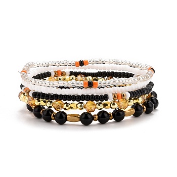 5Pcs 5 Style Natural Black Onyx & Synthetic Hematite & Glass Sead Beads Stretch Bracelets Set, Stackable Bracelets for Women Girls, Inner Diameter: 2-1/8 inch(5.5~5.6cm), 5pcs/set