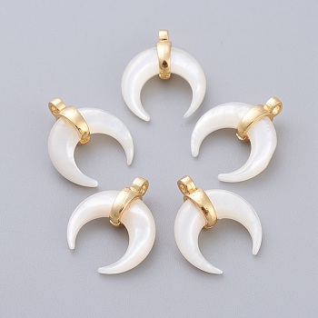 Natural White Shell Mother of Pearl Shell Pendants, with Golden Plated Brass Findings, Double Horn/Crescent Moon, 15.5x13x5.3mm, Hole: 1.5mm
