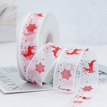 22M Christmas Printed Organza Ribbons, Flat, White, 1 inch(25mm), about 24.06 Yards(22m)/Roll