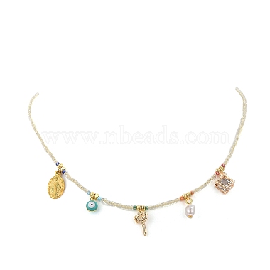 Virgin Mary & Tree & Evil Eye Alloy & Brass Pendant Necklace with Glass Seed Beaded Chains for Women(NJEW-JN04289)-3