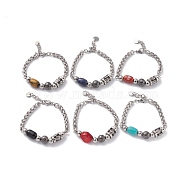Mixed Gemstone Beaded Bracelet for Girl Women, 201 Stainless Steel Wheat Chain Bracelet, Antique Silver & Stainless Steel Color, 7-1/2 inch(19~19.2cm)(BJEW-F418-04)
