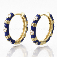 Brass Huggie Hoop Earrings, with Enamel, Real 18K Gold Plated, Flower Pattern, Blue, 26x28x4mm, Pin: 1x1.5mm(EJEW-S209-09B)