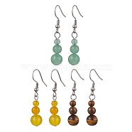 3 Pairs 3 Styles Natural Malaysia Jade & Green Aventurine & Tiger Eye Dangle Earrings, with 304 Stainless Steel Ear Wires, Round, 41.5~42.5x8.5mm(EJEW-JE06131)