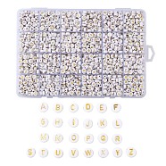 Plating Acrylic Beads, Golden Metal Enlaced, Horizontal Hole, Flat Round with Alphabet, White, Letter A~Z, 7x3.5mm, Hole: 1.2mm, 26letters, about 73pcs/letter, 1898pcs/box(PACR-X0001-05)