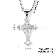 Hip-hop Style Brass Clear Cubic Zirconia Cross Pendant Box Chain Necklaces, Platinum, 23.62 inch(60cm)(MB2834-1)