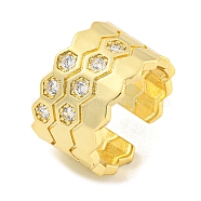 Brass Micro Pave Clear Cubic Zirconia Hexagon Open Cuff Ring, Wide Band Ring for Women, Real 18K Gold Plated, 18mm, Adjustable(RJEW-M173-10A-G)