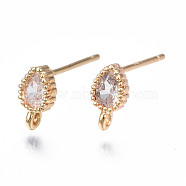 Brass Stud Earring Findings, with Loop, Cubic Zirconia, Teardrop, Clear, Nickel Free, Real 18K Gold Plated, 7.5x4mm, Hole: 1mm(KK-Q750-032G)