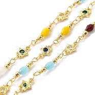 Handmade Teardrop Glass Beaded Chains, Real 18K Gold Plated Star Brass Cubic Zirconia Chains, Soldered, with Spool, Cadmium Free & Lead Free, Mixed Color, Star: 8~8.5x6x1.5mm, Teardrop: 18~19x3mm(CHC-M024-17G)