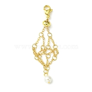 304 Stainless Steel Cable Chains Macrame Pouch Empty Stone Holder Pendant Decoration, with Round Shell Pearl Bead, Golden, 75mm(HJEW-TA00069-01)