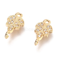 Brass Micro Pave Clear Cubic Zirconia Links Connectors, Long-Lasting Plated, Leaf, Real 14K Gold Plated, 12x6.5x2.8mm, Hole: 1mm and 1.2mm (ZIRC-H116-05G)