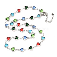 304 Stainless Steel & Glass Heart Link Chain Necklaces, Stainless Steel Color, Colorful, 16.38 inch(41.6cm)(NJEW-P315-03P-01)