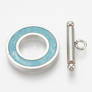 201 Stainless Steel Toggle Clasps, with Enamel, Ring, Turquoise, Ring: 19.5x2mm, Inner Diameter: 10mm, Bar: 21x7x3mm, Hole: 2mm(STAS-T037-06B)