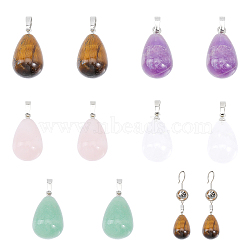 10Pcs 5 Styles Natural Mixed Gemstone Pendants, Natural Green Aventurine & Amethyst & Rose Quartz & Tiger Eye & Quartz Crystal, Teardrop Charm, with Platinum Tone Brass Findings, 20~21x11~12mm, Hole: 6x3.5mm, 2pcs/style(G-CA0001-66)