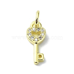 Brass Micro Pave Claer Cubic Zirconia Charms, with Jump Ring, Real 18K Gold Plated, Key, 13x5.5x2mm, Hole: 3mm(KK-H475-50G-02)