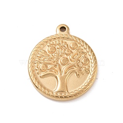304 Stainless Steel Pendants,  Flat Round with Tree of Life Pattern Charms, Golden, 23x20x2.5mm, Hole: 1.5mm(STAS-G287-13G)
