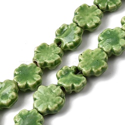 Handmade Porcelain Beads Strands, Clover, Bright Glazed Porcelain, Lime Green, 11~12.5x11~12x4.5~5mm, Hole: 1.4mm, about 35pcs/strand, 15.55''(39.5cm)(PORC-K010-05B)