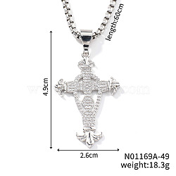 Hip-hop Style Brass Clear Cubic Zirconia Cross Pendant Box Chain Necklaces, Platinum, 23.62 inch(60cm)(MB2834-1)